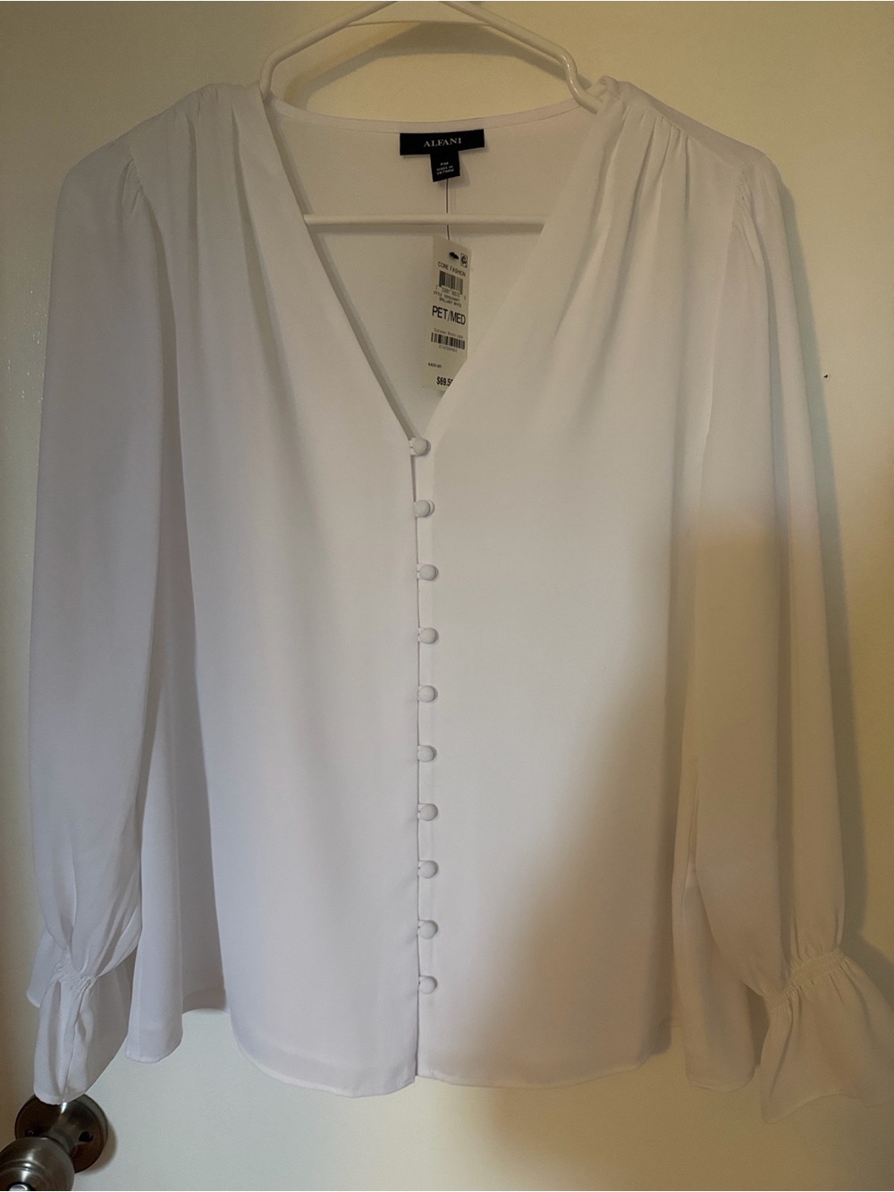Alfani White Button-Front V-Neck Blouse with Flared Cuffs